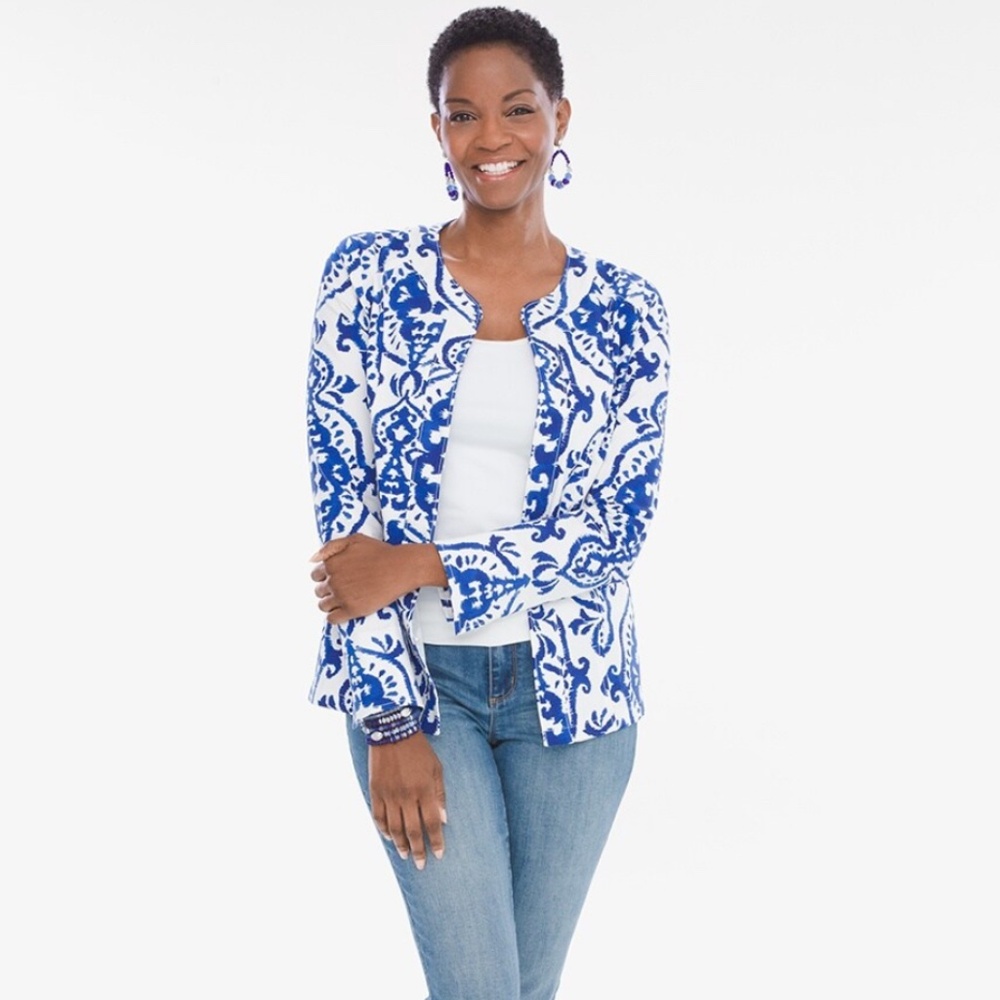 Chico’s Women’s Alicia Indigo Ink Open Front Blazer Business Office Casual Sz-S